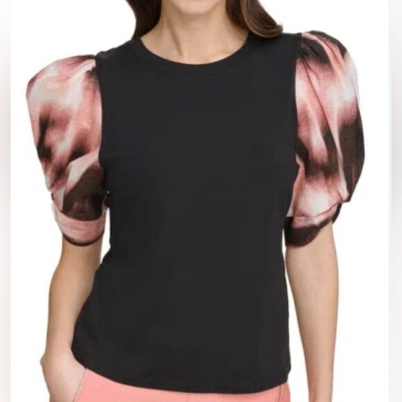 DKNY black mixed media puff sleeve top size small NWT - Picture 1 of 8